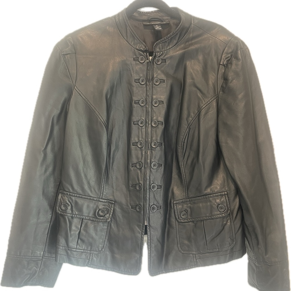 INC Women’s 1X Black Vegan Leather Jacket-Faux Moto Military Style